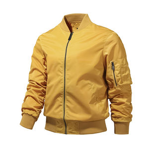 Nouveau design, blouson aviateur de couleur jaune unie avec fermeture éclair, blouson aviateur de grande taille à col côtelé en tissu polyester de haute qualité pour hommes - Product Image 1