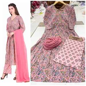 ชุดผ้าคอตตอนแท้พิมพ์ลายสวยงาม,ทำด้วยมือและตัดด้วยชุด Dupatta - Product Image 2