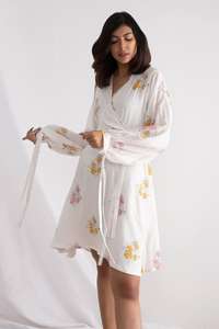 Automne Feuille Imprimer Manches Longues Longueur Genou Col V Boho Robe Courte Faite À La Main - Product Image 3