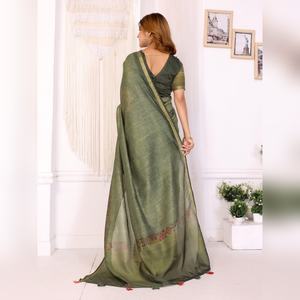 Sari indien traditionnel en tissu chanderi vert olive élégant, à motifs tissés, pour les fêtes, best-seller, sari de soirée - Product Image 5