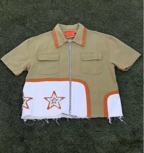 T-shirt uni à manches courtes en coton avec fermeture éclair pour hommes de taille plus personnalisé Patch de broderie vintage vieilli respirant bord coupé - Product Image 6