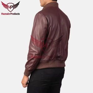 <b>Mens</b> Real Maroon <b>Leather</b> Bomber <b>Jacket</b> Ribbed Collar Zip Side Pockets Sheepskin Burgundy Flight Coat Custom Brown Winter Outwear - Product Image 3
