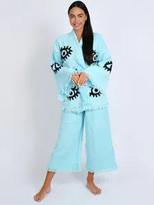Atractivo bohemio orgánico elegante hecho a mano mal de ojo con cinturón para el hogar conjunto de manga larga bordado Kimono Beach Cover Up - Product Image 4