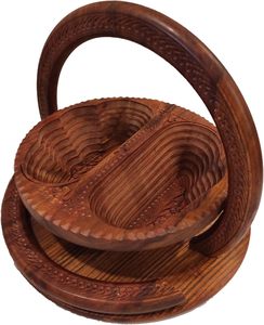 Elegant Handcrafted <b>Wooden</b> Fruit <b>Basket</b> with Carved Flower Style Collapsible and Decorative with Circular Trivet or Holder - Product Image 2
