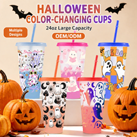 Gobelets personnalisés en gros avec logo, changeant de couleur pour Halloween, 24 oz, réutilisables, en plastique PP de qualité alimentaire, avec paille, pour fêtes et boissons froides