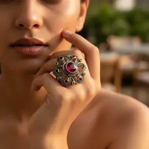 Bague ajustable en or rose plaqué or avec rubis et émeraude pour femmes, style tendance avec incrustation de diamants de forme ovale, design floral - Product Image 2
