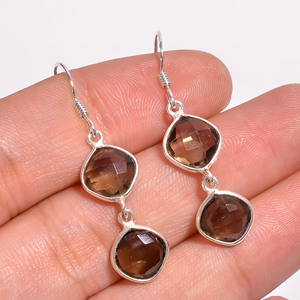 Pendientes colgantes finos de estilo clásico elegante de Plata de Ley 925 con piedras preciosas de cuarzo ahumado - Product Image 3