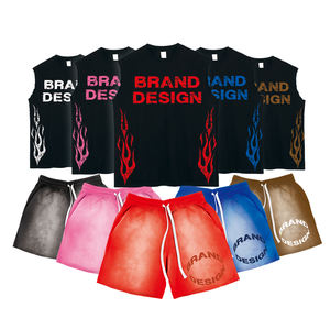 Conjunto de 2 Piezas de Camiseta sin Mangas y Pantalones Cortos de Algodón con Estampado DTG, Estilo Streetwear Personalizado 2026, Lavado Ácido, para Hombre - Product Image 1