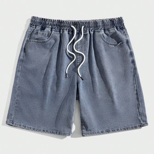 กางเกงขาสั้นมีกระเป๋าคาดเอวกระเป๋าลึกแบบลำลองสีเทาสีน้ำเงินสำหรับผู้ชายกางเกงผ้าฝ้ายทอแบบ100% ใส่สบายเอวขนาดกลาง - Product Image 1