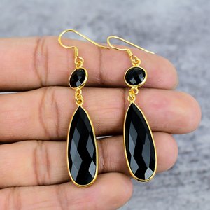 Boucles d'oreilles en pierres précieuses Onyx noir Boucles d'oreilles en argent sterling 925 plaqué or Boucles d'oreilles faites à la main en forme de larme et de pierres précieuses rondes Onyx - Product Image 2