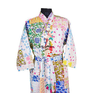 Indian Floral Print 100% Cotton Digital Printed <b>Women's</b> Full-Length V-Neck <b>Belt</b> Kimono Three-Quarter Sleeves Quick Dry - Product Image 3