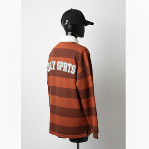 Camiseta de Rugby para Mujer, 240 GSM, Mezcla de Algodón y Poliéster, Diseño de Paneles a Rayas Marrón y Naranja, Logotipo Personalizado Bordado - Product Image 5