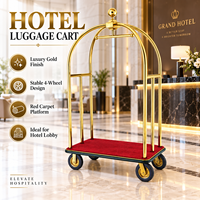 Hotel-Gepäckwagen mit Goldkugel-Endstück Spiegelglanz-Stahloberfläche Roter Teppich Plattform 8 Zoll Ultra-Leise Rollen Gepäckträger