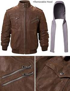 Veste Homme Classique Marron en Toile Faux Cuir Design Slim Fit avec Capuche Épaule Matelassée Col Montant Fermeture Éclair sur le devant - Product Image 3