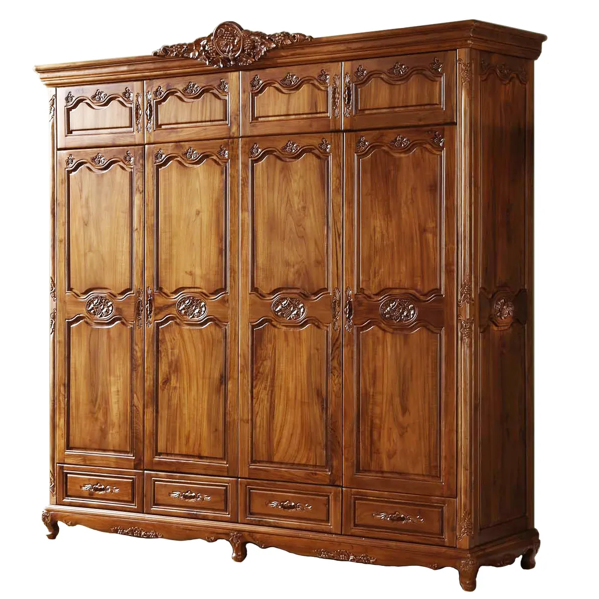 Lujoso armario de teca tallado a mano romántico con 8 puertas y 4 cajones con tallado de uvas para dormitorio