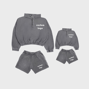 OEM logotipo personalizado conjunto de Jogger lavado con ácido media cremallera sudadera de gran tamaño de lana pantalones cortos conjuntos Streetwear 2 piezas trajes cortos - Product Image 2