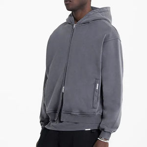 Sweat à capuche court surdimensionné lavé à l'acide pour hommes 100% coton Vintage brut ourlet coupe bas pour l'hiver - Product Image 2