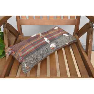 Beige Kilim Wool Pillow 8x16 Inch Luxury Rustic <b>Fluffy</b> Floral Throw for Sofa <b>Bedding</b> Portable Vintage Woven Patchwork Design - Product Image 5