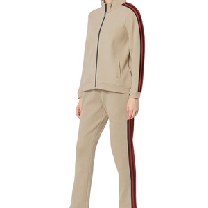 Unisex Beige Tracksuit Full <b>Zip</b> <b>Hooded</b> Sweatshirt With Red Black Stripes Side Pockets Autumn Sporty Style Adult Regular Fit - Product Image 1