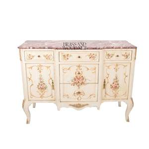 Console classique en bois peinte à la main avec plateau en marbre, détails floraux, élégante console de rangement de luxe - Product Image 1