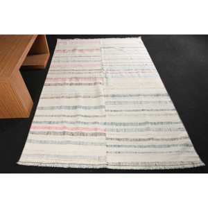 Alfombra de lana turca moderna blanca y azul de 5x7 pies, patrón de retazos de tejido plano, respaldo de látex para decoraciones de sala de estar - Product Image 1