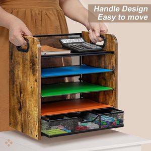 Organisateur de bureau en maille à 5 niveaux avec tiroir organisateur de fichiers de bureau en bois avec poignée en métal papier lettre plateau organisateur trieur de fichiers - Product Image 5