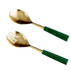 Ensemble de fourchettes et cuillères à salade en acier inoxydable plaqué or avec manche en rotin - Product Image 3