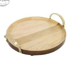 Plateau de service en bois avec poignées métalliques, design rond élégant, durable, facile à transporter, pour la salle à manger, la cuisine, la décoration de la maison - Product Image 6