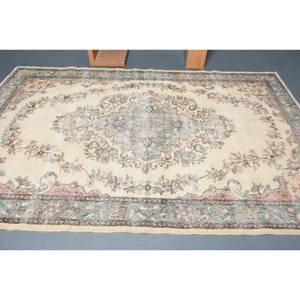 Tapis en Latex de Laine Turque Vintage 6.1X9.5 pieds Beige Bleu Patchwork Design pour Décorations de Salon - Product Image 3