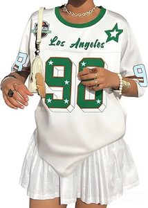 Camiseta de fútbol americano de malla blanca de gran tamaño para mujer, ropa de calle con estampado de número 98 verde, Top deportivo transpirable de manga corta con cuello en V - Product Image 2