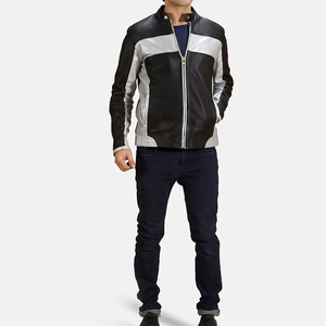 Men's Black And <b>Silver</b> PU Leather Moto <b>Jacket</b> Stand Collar Zipper Closure Color Blocking Design Windproof Slim Fit Autumn Wear - Product Image 3