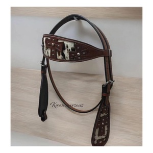 Cabecera de caballo Occidental/brida de cuero de vaca natural con banda de cejas de cuero Hairon diseño tachonado para vaquero de equitación - Product Image 3