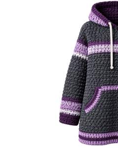 Sweat à capuche en tricot gris anthracite et violet personnalisé pour femmes, pull long à rayures, crochet, hiver, chaud, à capuche, avec poche - Product Image 2