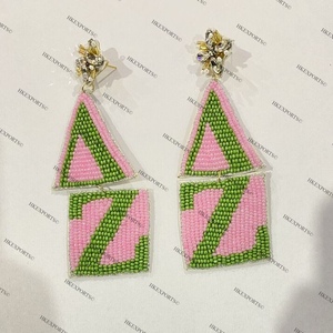 Handcrafted Pink and Green <b>Greek</b> Beaded Statement Earrings for Women Custom Orders Available Fashion Drop Earrings - Product Image 1