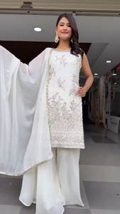 Vêtements pour femmes Georgette de renard lourd avec haut de travail de séquence de broderie-Palazzo et ensemble de Dupatta entièrement cousu prêt à porter - Product Image 6