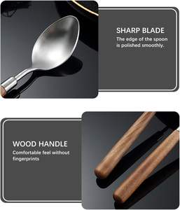 Cuillère à manche en bois rétro Cuillères à soupe de service en acier inoxydable Cuillère à dîner en bois Argenterie argentée avec manche marron 4 pièces. - Product Image 3