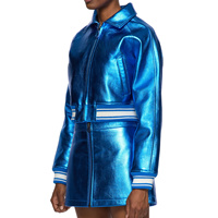 Veste Courte Imprimée Hiver Bleu Royal Scintillant en Cuir de Vachette Véritable Imperméable Grande Taille avec Fermeture Éclair Réversible de Haute Qualité