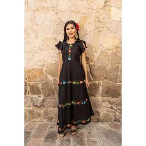 Vestido Maxi Negro Bordado para Mujer, Estilo Étnico Mexicano, Bordado Floral, Manga Corta, Casual, Cintura Natural, Ecológico - Product Image 2