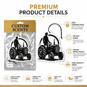 Ambientador de coche de papel colgante de larga duración con diseño personalizado de tractor agrícola, con fragancia y bolsa de vacío de lámina plateada antievaporación - Product Image 2