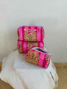 <b>Set</b> of 3 Cotton Quilted Animal Print <b>Makeup</b> Bags with Zipper Closure Lightweight Travel & for Organizer From Rajasthan - Product Image 3