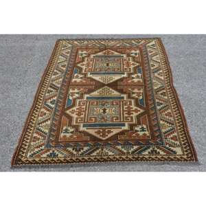 Style Ethnique 4x5.5ft Tapis Turc Classique Marron Bleu Patchwork Laine Polyester Rectangle Salon Tapis avec Support en Latex - Product Image 1