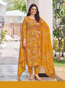 Pantalón Kurti con estampado floral pesado de calidad superior con Dupatta estampado para ropa de mujer en tela de satén para ropa informal por exportación - Product Image 4