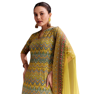 Costume Palazzo Jaune Brodé Vente en Gros Vêtements Ethniques pour Femmes OEM Vêtements Fournisseur d'Usine Costume de Mariage Personnalisé avec Dupatta - Product Image 4