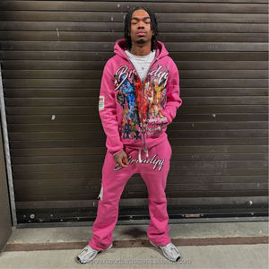 Custom Cotton Fleece Joggers 2 Piece Puff Print Silk Screen Oversized Full Face Zip up Hoodie Flared <b>Pant</b> Tracksuit Set <b>Men</b> - Product Image 1