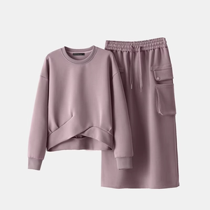 Plus Size Women's Spring Fashion 2-Piece Sets Crew Neck <b>Pleated</b> Cuffs <b>Long</b> Sleeve Knotted Hem Sweatshirts Midi <b>Skirts</b> Casual - Product Image 4