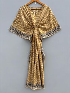 Fait à la main indien coton Bagru Caftan parole longueur taille naturelle jaune imprimé fleuri été formelle fête porter robe ethnique - Product Image 4