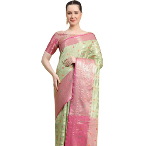 2024 dernier Stock Pack de vêtements de fête Saree imprimé Organza Satin fantaisie dentelle bordure indien pakistanais vêtements prix de gros - Product Image 1