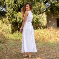 Kolsuz keten Maxi elbise organik Cinched bel yaz elbisesi cepler ile hafif rahat uzun elbise