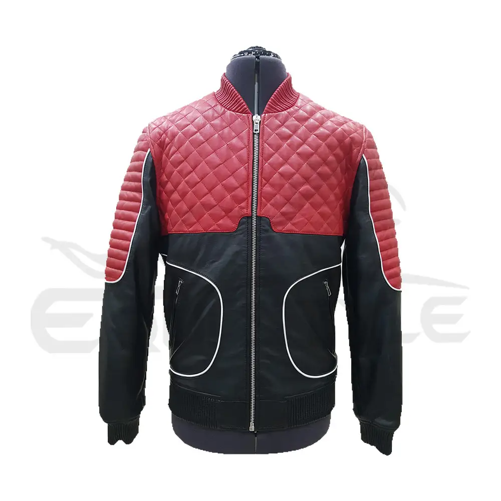 Cafe Racer Jacket Lamb Heavy Front Back Upper Quilted Leather Jacket XXL Black White Red Moto Style Mens Biker Racing Jacket