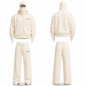 Ensemble de survêtement personnalisé ivoire avec cagoule à double capuche, sweat à capuche zippé oversize et pantalon large, style streetwear, OEM ODM, marque privée, taille XL - Product Image 3